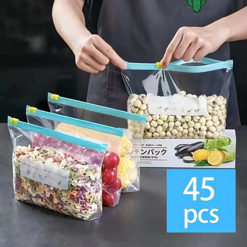 ถุงซิปล็อคถนอมอาหาร 10-90 ชิ้น กันรั่วซึม แช่ฟรีซได้ สำหรับผลไม้ ธัญพืช ผัก และเนื้อสัตว์