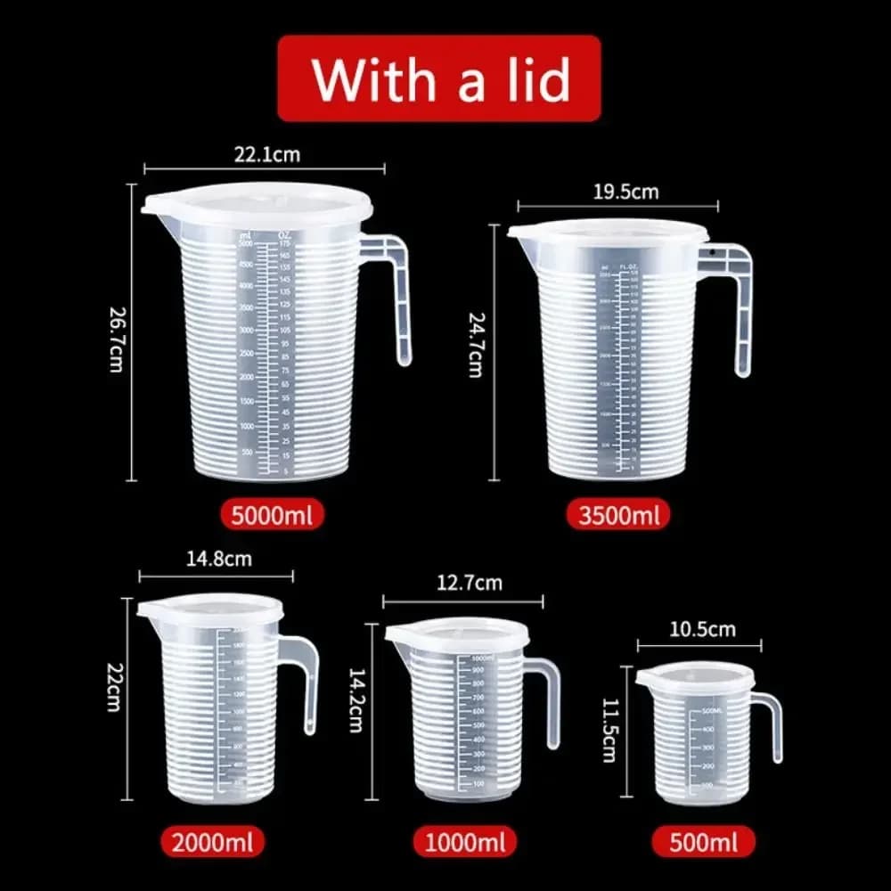 ถ้วยตวงพลาสติกฟู้ดเกรด 100-5000 มล. มีสเกล ทนความร้อนสูง สำหรับห้องครัวและร้านชานม มี/ไม่มีฝาปิด
