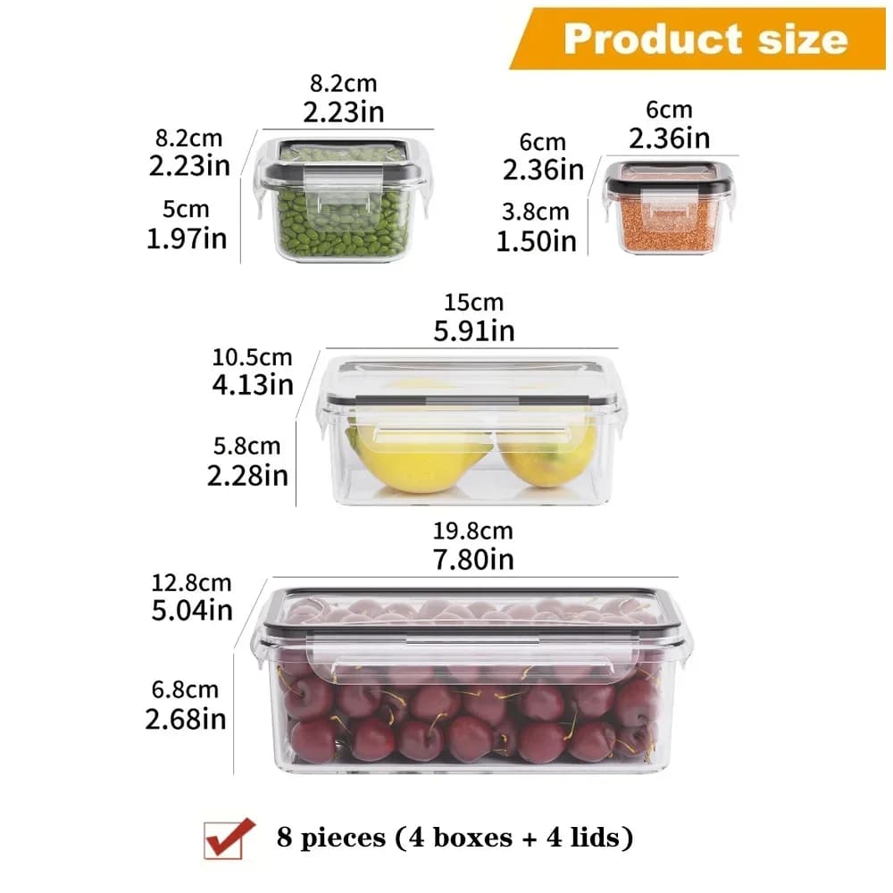 ชุดกล่องถนอมอาหารสุญญากาศ 8 ชิ้น ปลอดสาร BPA พร้อมฝาล็อค พลาสติก PP เข้าไมโครเวฟ/ฟรีซเซอร์ได้ สำหรับของแห้ง ผลไม้ และผัก