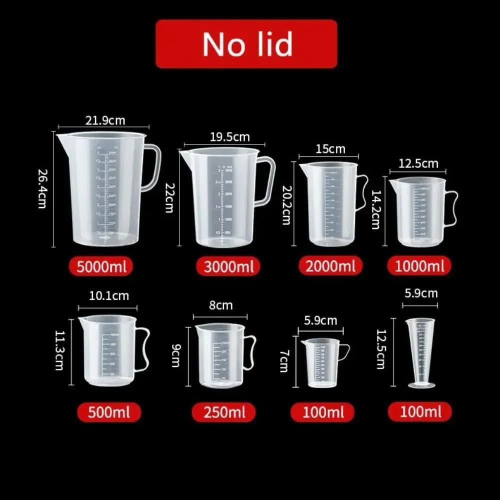 ถ้วยตวงพลาสติกฟู้ดเกรด 100-5000 มล. มีสเกล ทนความร้อนสูง สำหรับห้องครัวและร้านชานม มี/ไม่มีฝาปิด
