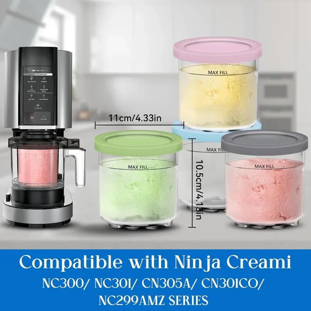 ถ้วยไอศกรีมพร้อมฝาสำหรับ Ninja Creami (ชุด 4 ชิ้น) กระปุกไอศกรีมและสมูทตี้