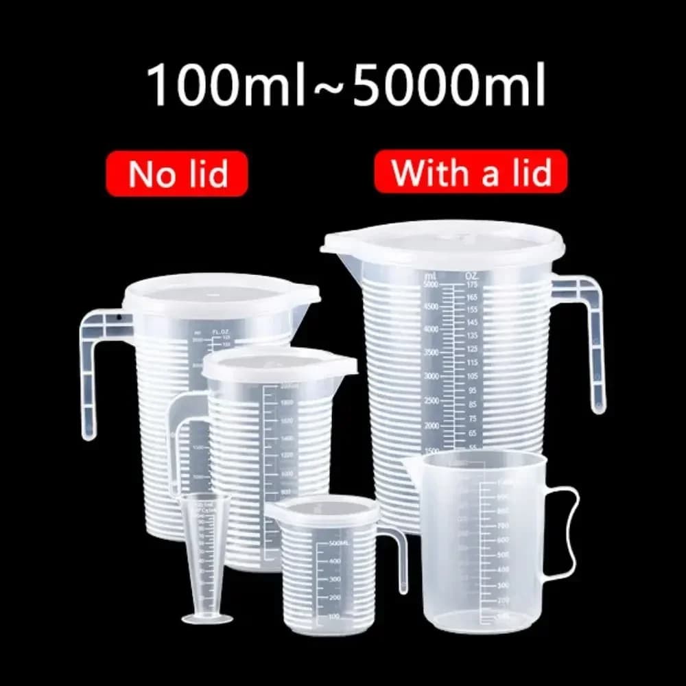 ถ้วยตวงพลาสติกฟู้ดเกรด 100-5000 มล. มีสเกล ทนความร้อนสูง สำหรับห้องครัวและร้านชานม มี/ไม่มีฝาปิด