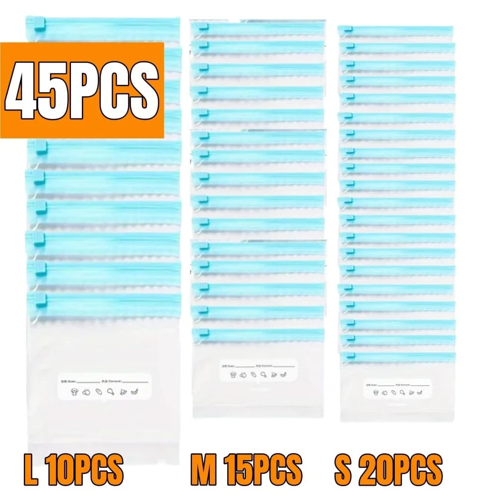 ถุงซิปล็อคถนอมอาหาร 10-90 ชิ้น กันรั่วซึม แช่ฟรีซได้ สำหรับผลไม้ ธัญพืช ผัก และเนื้อสัตว์
