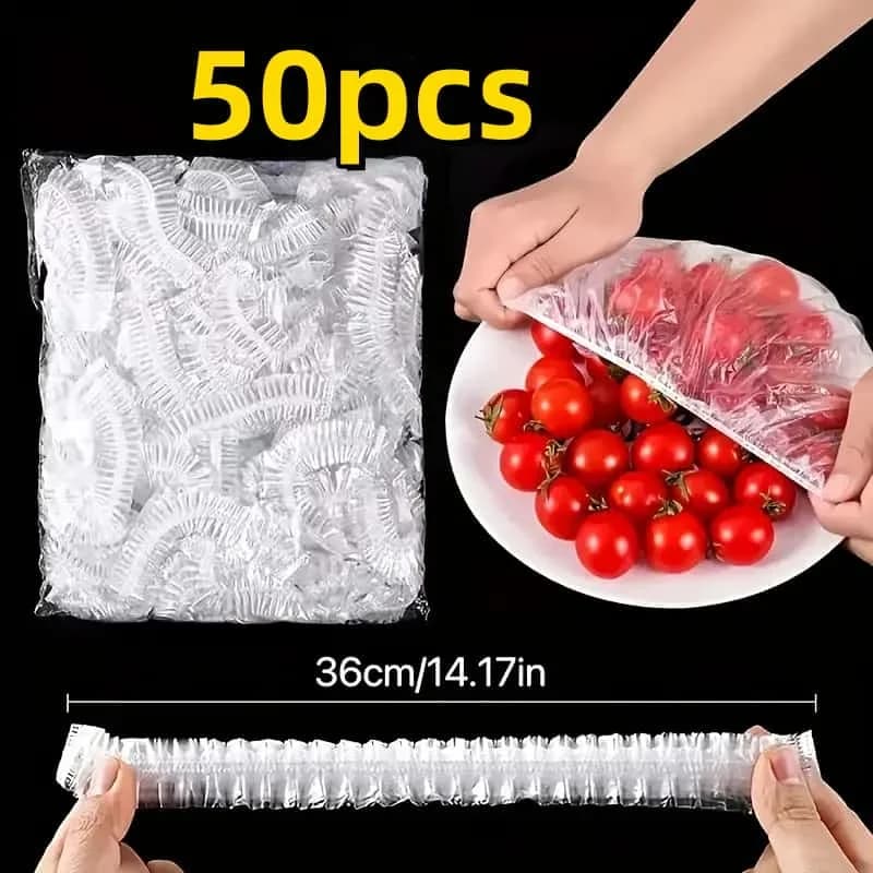 ฝาครอบอาหารยางยืด PE ใช้ซ้ำได้ 50 ชิ้น - พลาสติกครอบถนอมอาหารแบบใส ยืดได้ สำหรับผลไม้ ขนมปัง